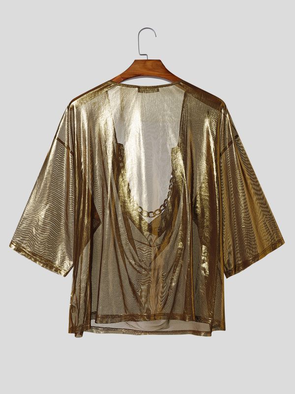 Men's Y2K Liquid Metal Avant-Garde Drape Cowl Neck T-shirt SKUL70453