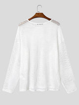 Men's Sexy Party Horizontal Stripe Open Knit See-Through Loose Long Sleeve T-shirt SKUL81855