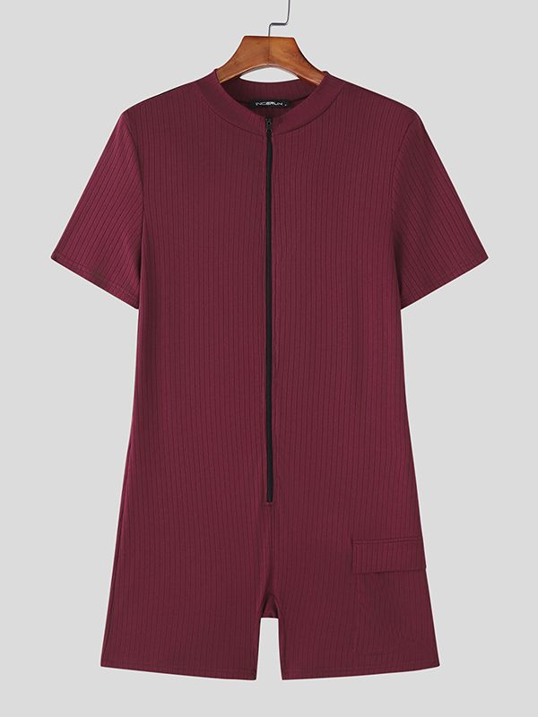 Men's Solid Color Textured Zipper Short Sleeve Bodysuit SKUL48695