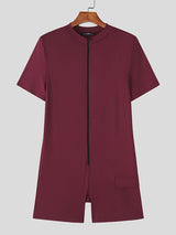 Men's Solid Color Textured Zipper Short Sleeve Bodysuit SKUL48695