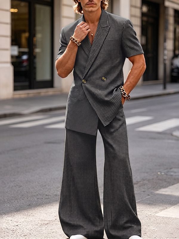 Men's American Vintage Houndstooth Double-Breasted Asymmetric Two Pieces Outfit SKUL74822
