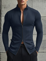 Men's Casual Minimalist Double Zipper Long Sleeve Cardigan SKUL46228
