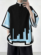Men's Cyberpunk Pixel Geometric Block Contrast Stand Collar Short Sleeve Shirt SKUL61165