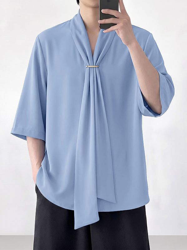 Men's Avant-Garde New Romanticism Long Tie Draped Relaxed Shirt SKUL70249