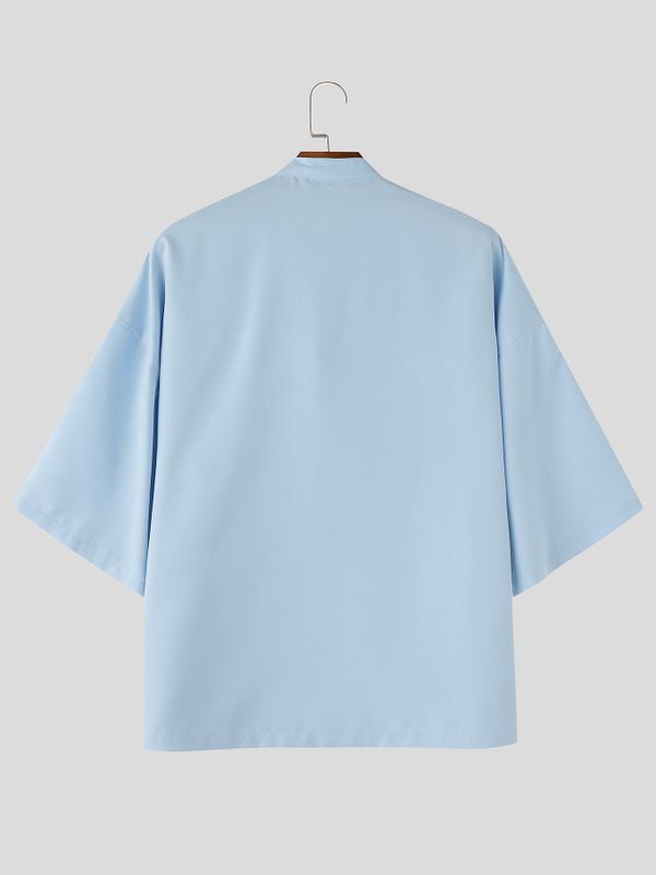 Men's Modern Chinoiserie Mock Neck Asymmetric Tab Button Utility Short Sleeve Shirt SKUL68246