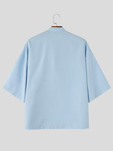 Men's Modern Chinoiserie Mock Neck Asymmetric Tab Button Utility Short Sleeve Shirt SKUL68246