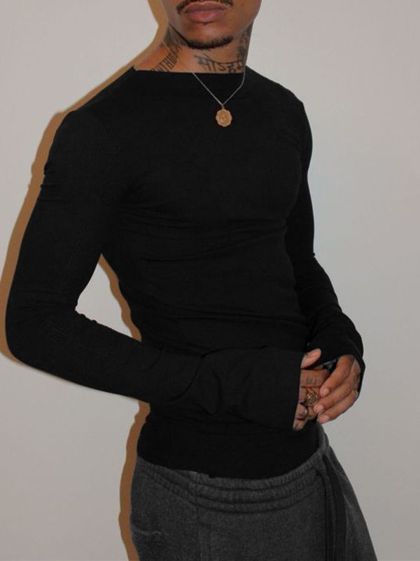 Men's Solid Color Knit Long Sleeve T-shirt SKUL42797