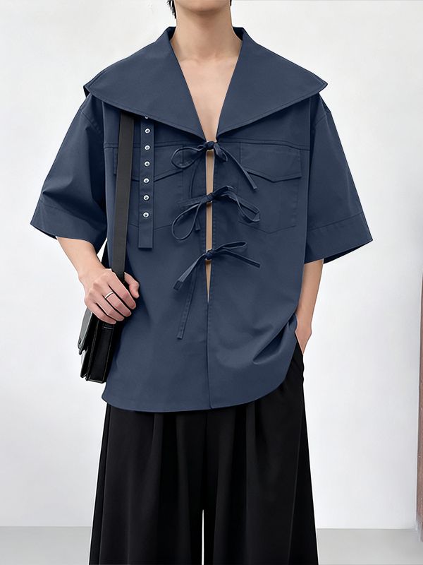 Men's Solid Color Tie Design Sailor Collar Half Sleeve Shirt SKUL51816