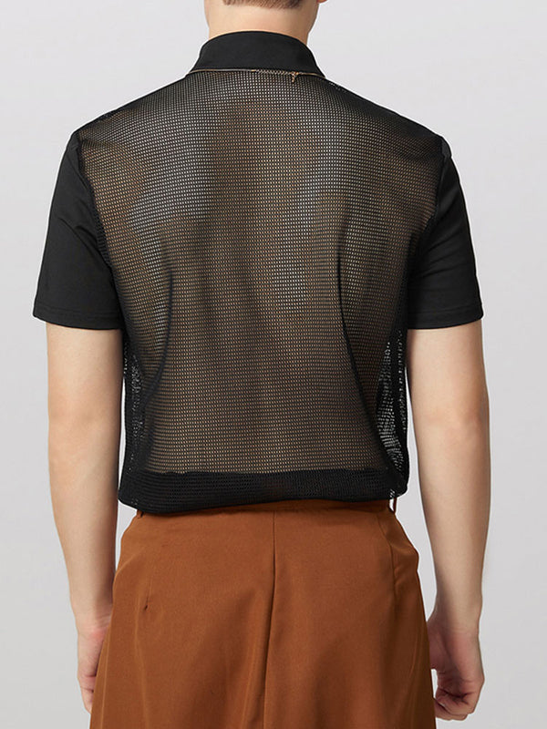 Mens Hollow-Out Mesh Patchwork Short Sleeve T-Shirt SKUL03639