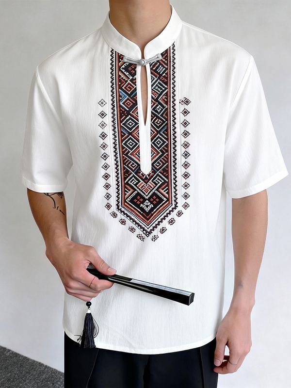 Men's Modern Neo-Chinese Ethnic Geometric Print Deconstructed Keyhole Stand Collar Short Sleeve Shirt SKUL60994