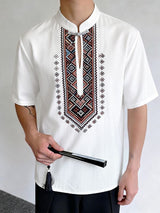 Men's Modern Neo-Chinese Ethnic Geometric Print Deconstructed Keyhole Stand Collar Short Sleeve Shirt SKUL60994