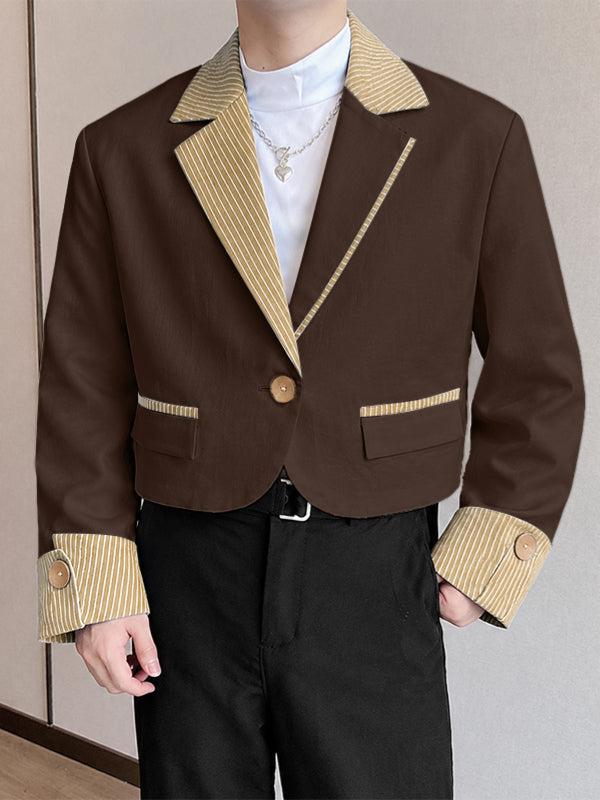 [Pre-order] Men's Retro Preppy Art Exhibition Contrast Striped Lapel Foldover Cuff Cropped Blazer SKUL89034