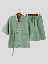 Men's Japanese Zen Style Kimono Wrap Two Pieces Outfit SKUL74793