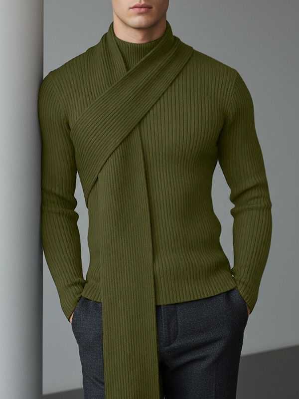 Men's Textured Knit Neck Warmer Long Sleeve Sweater SKUL43817