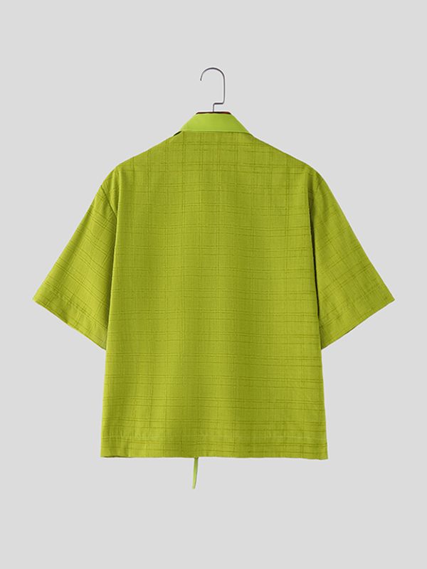 Men's Avant-Garde Lace-Up Front Cropped Windowpane Grid Short Sleeve Shirt SKUL63062