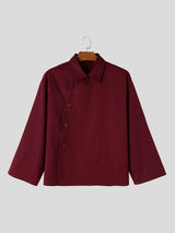 Men's Zen Minimalist Art Exhibition Asymmetric Side Button Lapel Cropped Shirt SKUL85533
