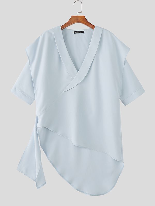 Men's Solid Color Loose Deep V Neck Long Sleeve Shirt SKUL51906