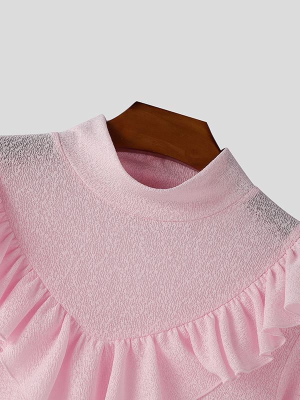 Men's Solid Color Ruffle Bib Long Sleeve T-shirt SKUL46244