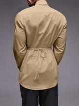Men's Solid Waist Tie Long Sleeve Shirt SKUL31936