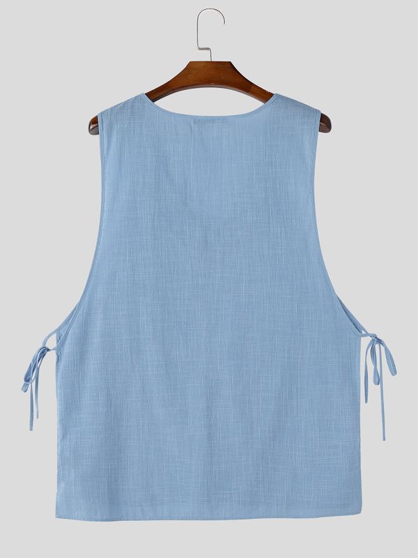 Men's Summer Beach Linen Deep V-Neck Open Side Tie-Knot Tank SKUL68413