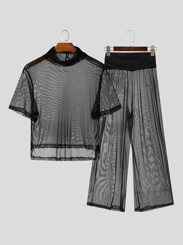 Mens Solid Color Sheer Mesh Two Pieces Outfit SKUL11902