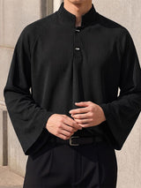 Men's Clean Fit Resort Wide Flared Sleeve Slit Henley Placket Long Sleeve Mandarin Collar T-shirt SKUL81833