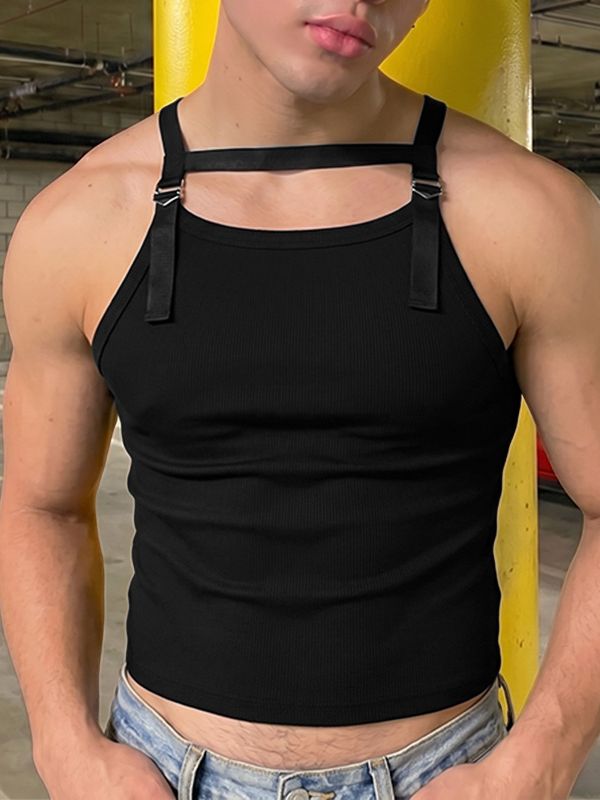 Men's Y2K Gender-Fluid Hardware Strap Ribbed Crop Tank SKUL73610