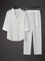 Men's Minimalist Resort Sheer Stand Collar Two Pieces Outfit SKUL75659