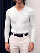 Men's Early Autumn Urban Casual Ribbed Double Pocket Long Sleeve V-Neck Sweater SKUL81073
