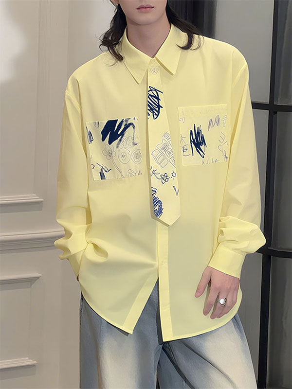 Men's Graffiti Print Faux Tie Long Sleeve Shirt SKUL27354