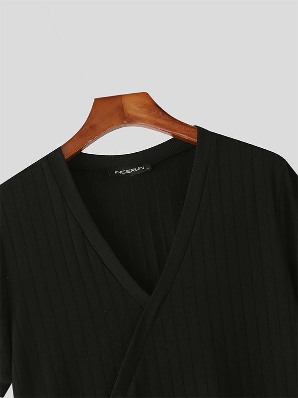 Mens Solid Color Textured V-Neck Short Sleeve T-Shirt SKUL17031