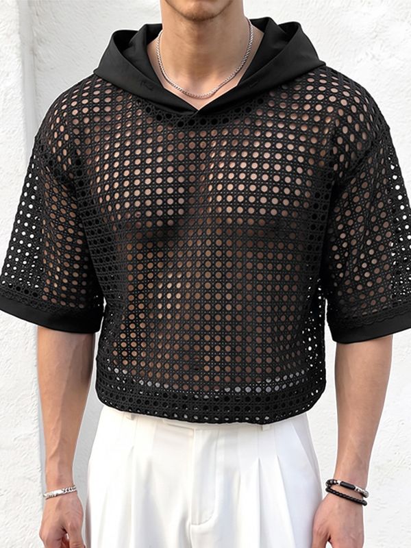 Men's Avant-Garde Geometric Open-Weave Mesh Short Sleeve T-shirt SKUL76468