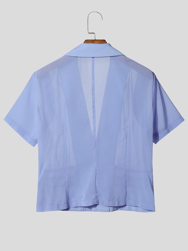 Men's Avant-Garde Mesh Patchwork Epaulet Zipper Short Sleeve Blazer SKUL63851