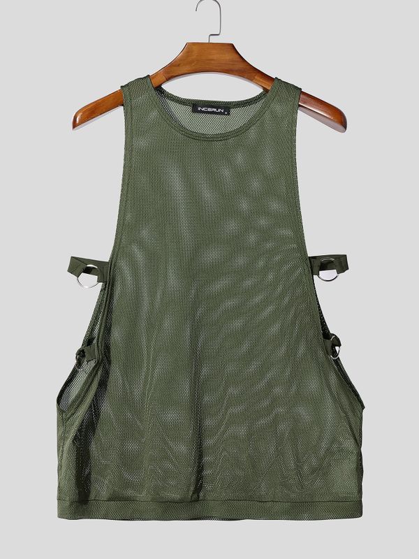 Men's Y2K Avant-Garde Sheer Mesh D-Ring Buckle Open-Side Tank SKUL74578