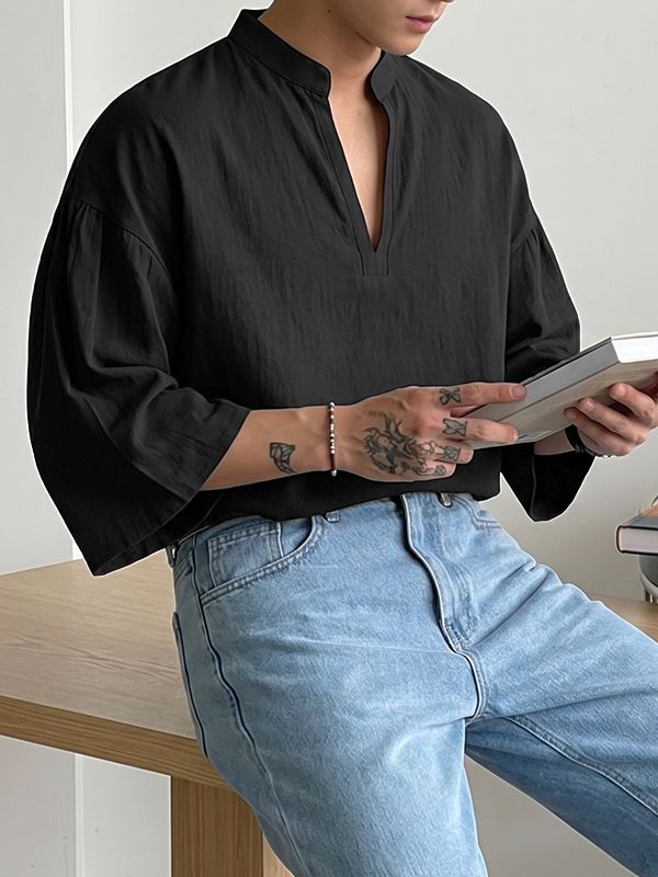 Men's Vintage Harajuku Minimalist Deep V-Neck Mandarin Collar Puff Sleeve Shirt SKUL70241