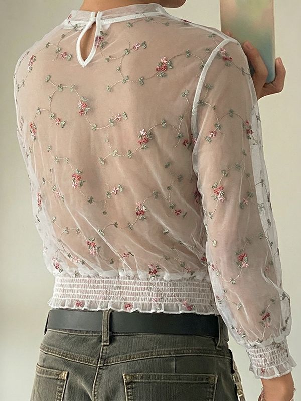 Men's Avant-Garde Sheer Floral Embroidered Mesh Shirt SKUL59802