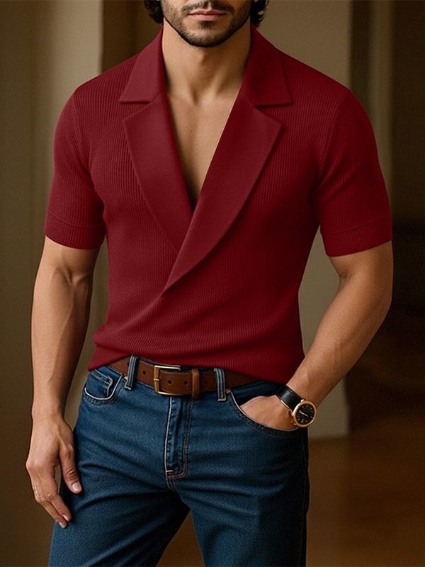 Men's Solid Color Deep V-Neck Short Sleeve Shirt SKUL53140