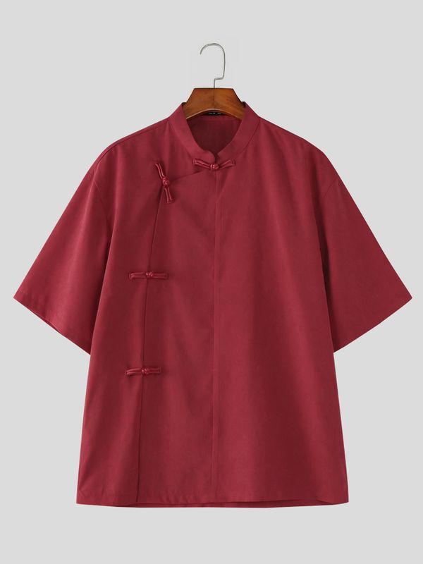 Men's Solid Color Asymmetric Frog Button Loose Shirt SKUL54547