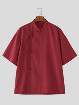 Men's Solid Color Asymmetric Frog Button Loose Shirt SKUL54547