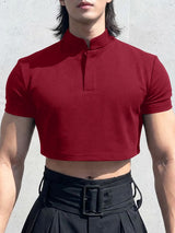 Men's Solid Color Stand Collar Cropped Short Sleeve T-shirt SKUL50078