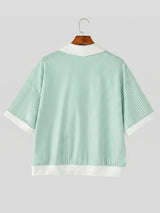 Men's Vintage Preppy Vertical Striped Knit Contrast Shawl Collar Pocket Short Sleeve Shirt SKUL63829