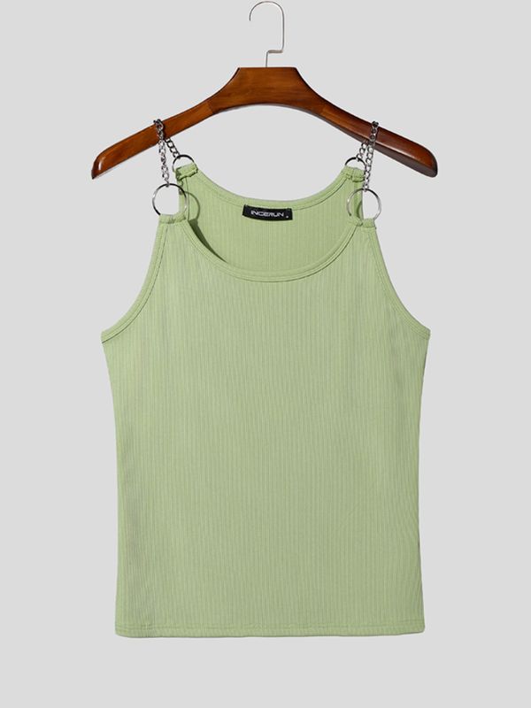 Men's Sexy Clubwear Metal Chain O-Ring Strap Ribbed Bodycon Sleeveless Scoop Neck Tank SKUL73612