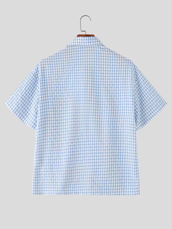 Men's Trendy New Chinese Style Gingham Plaid Contrast Frog Button Cropped Shirt SKUL60807