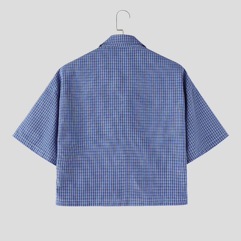 Men's High Street Casual Plaid Boxy Cropped Short Sleeve Shirt SKUL74586