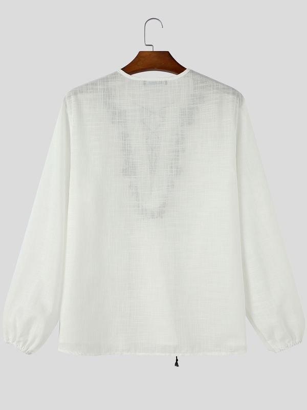 Men's Retro Resort Floral Embroidery Lace-Up Lantern Long Sleeve V-Neck Shirt SKUL79730