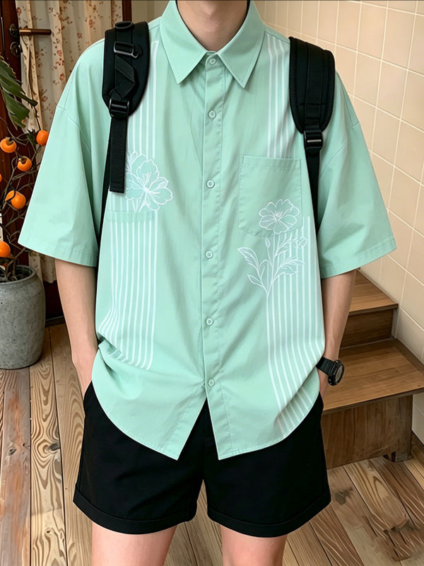 Men's Japanese Harajuku Style Clean Color-Block Vertical Stripe Floral Print Short Sleeve Shirt SKUL72759