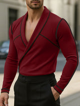 Men's Knit Color Block Trim Lapel Long Sleeve T-Shirt SKUL45325