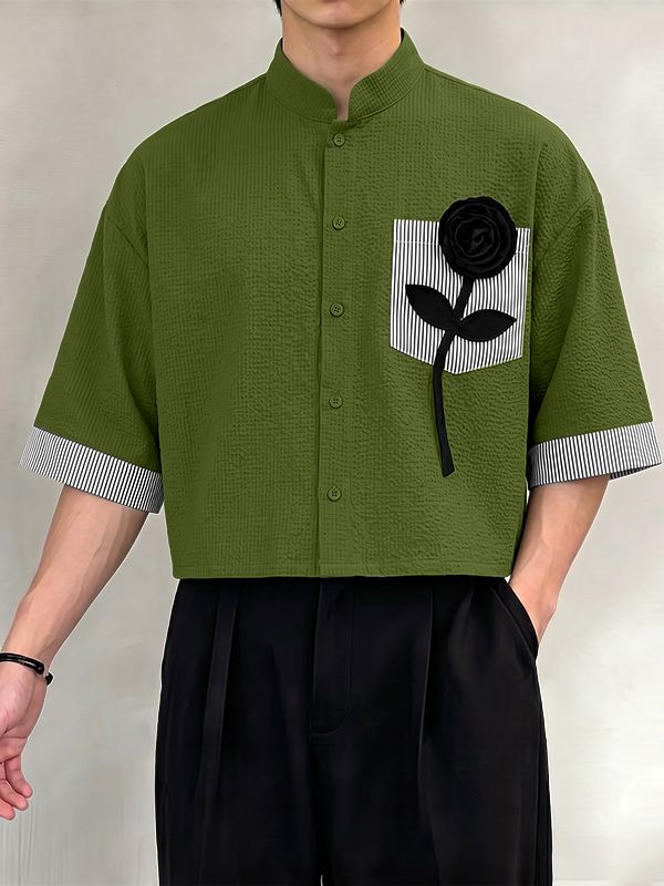 Men's Vintage Casual Rose Applique Stripe Patchwork Cropped Half Sleeve Shirt SKUL75685