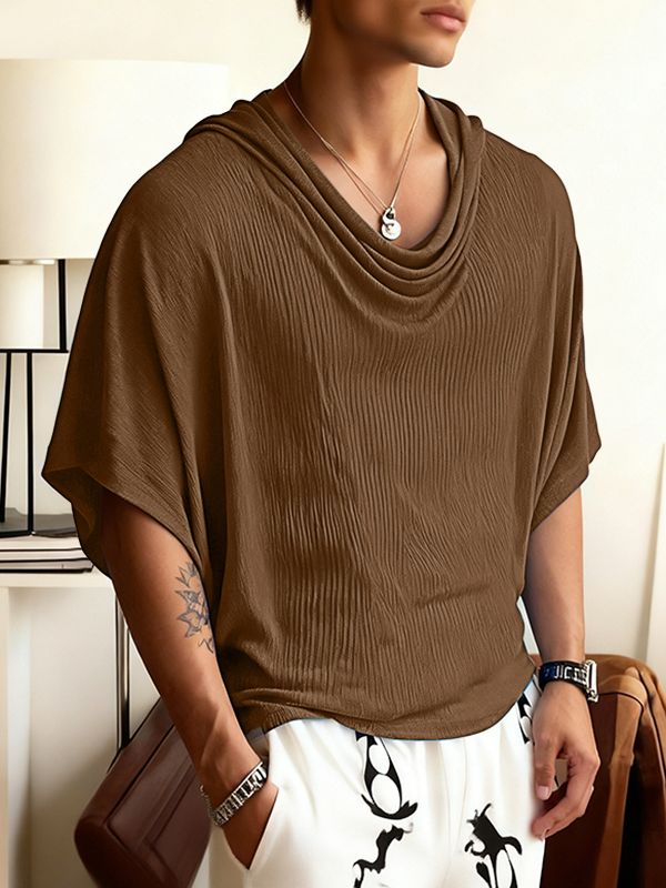 Men's Textured Cowl Neck Knit Batwing Sleeve T-Shirt SKUL41062