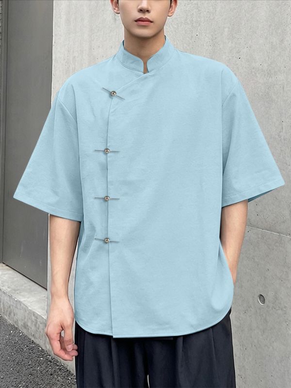 Men's Solid Color New Chinese Style Asymmetric Short Sleeve Shirt SKUL56321
